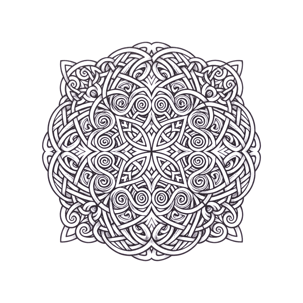 Complex Celtic knotwork pattern featuring symmetrical swirls and interlaced lines