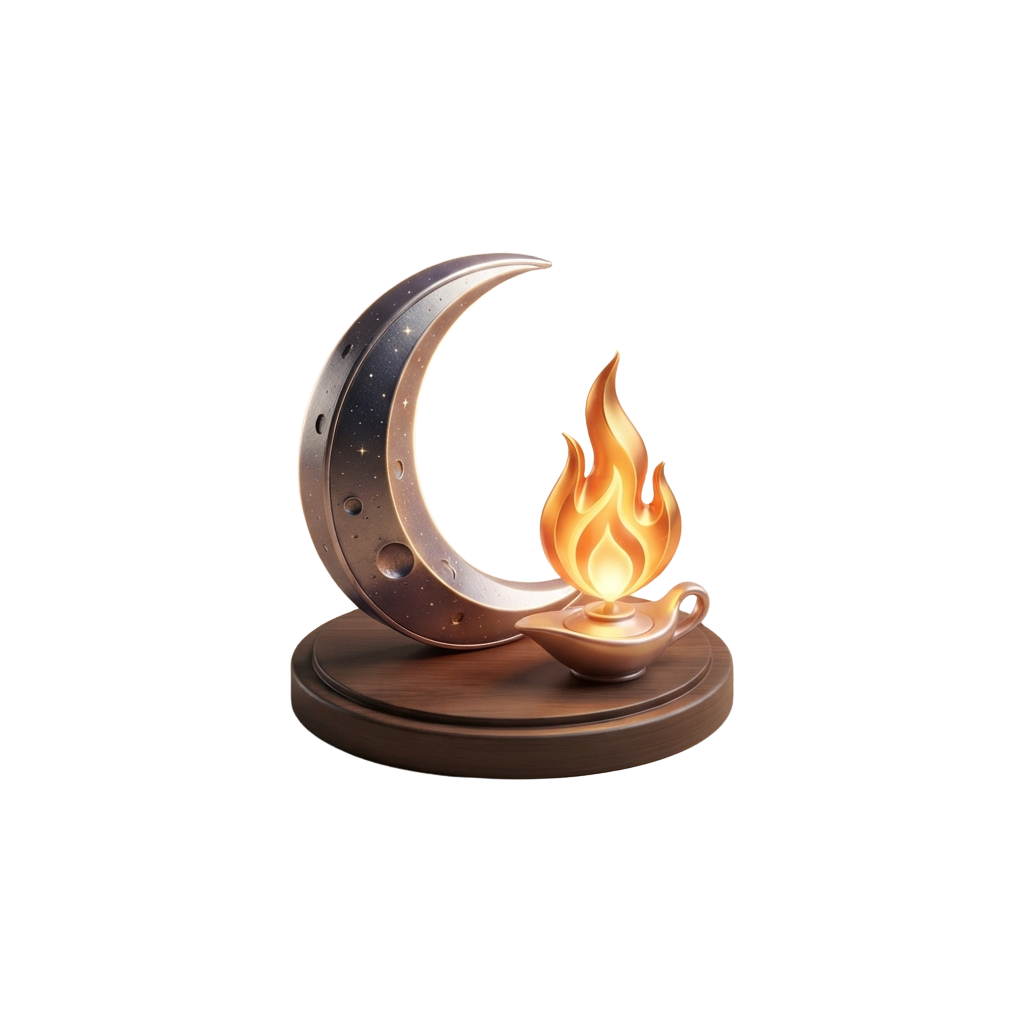 A decorative candle holder shaped like a crescent moon with a lit flame inside a small dish.