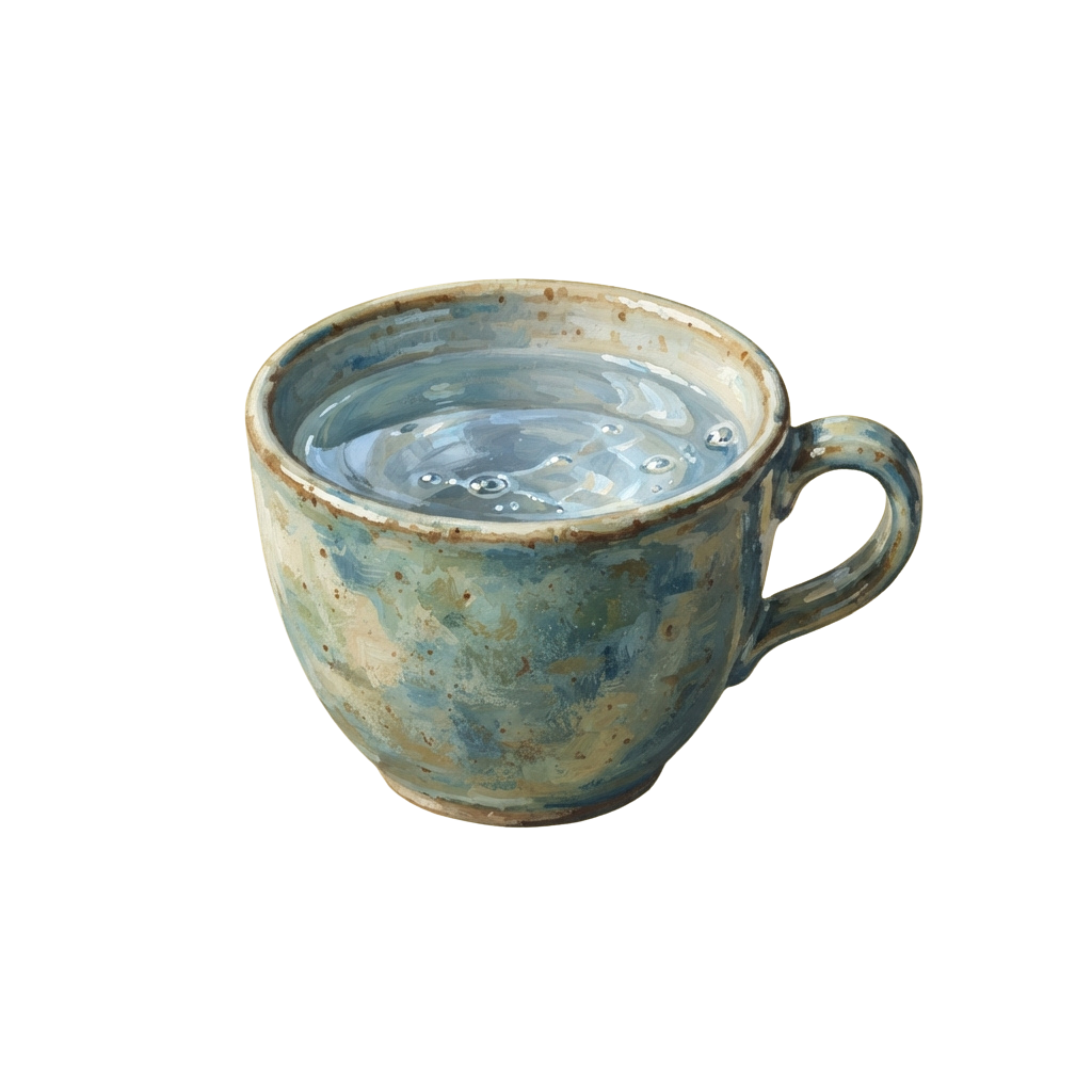 A ceramic mug with blue and green speckled glaze containing clear water, viewed from the side.