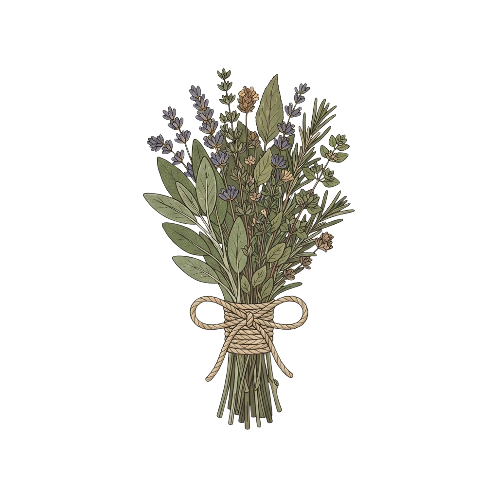 Illustration of a tied bundle of lavender and green herbs against a black background