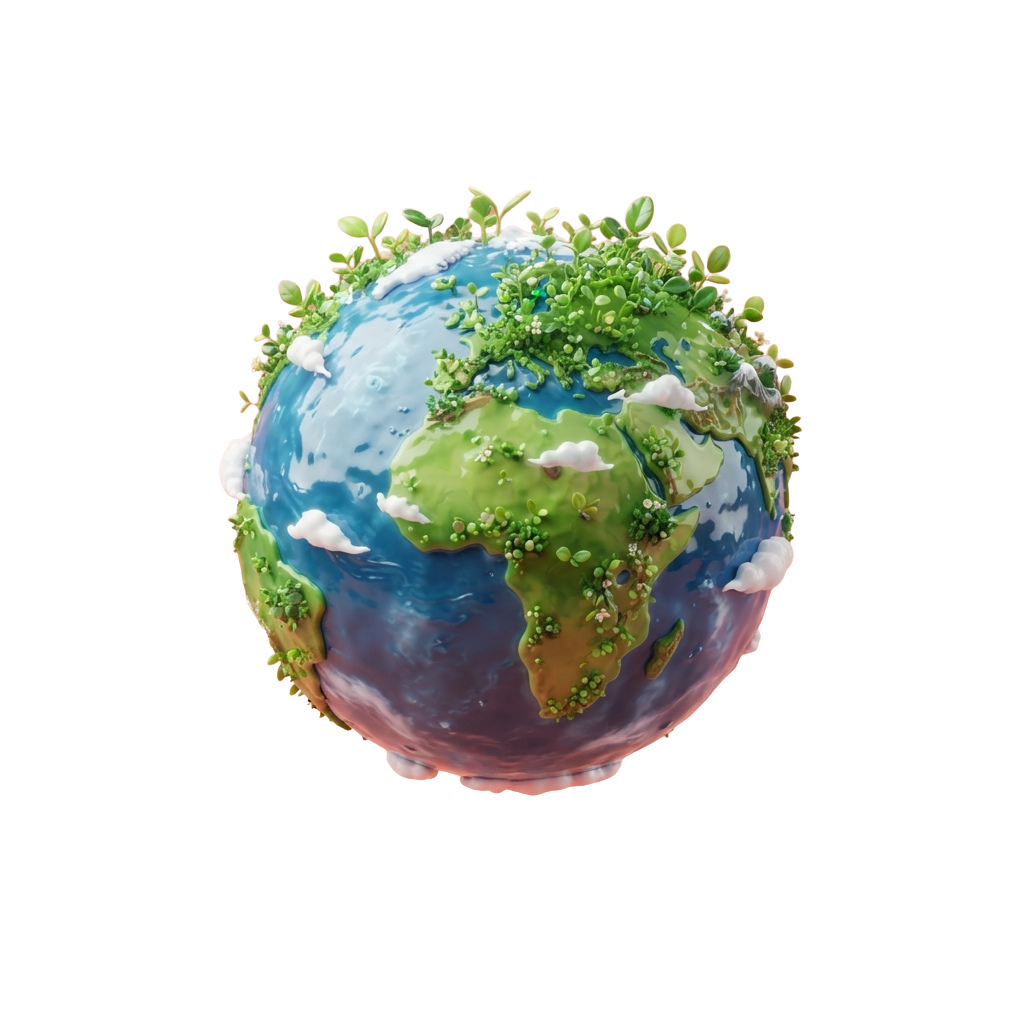 A colorful globe showing continents covered in green plants and blue oceans with white clouds.