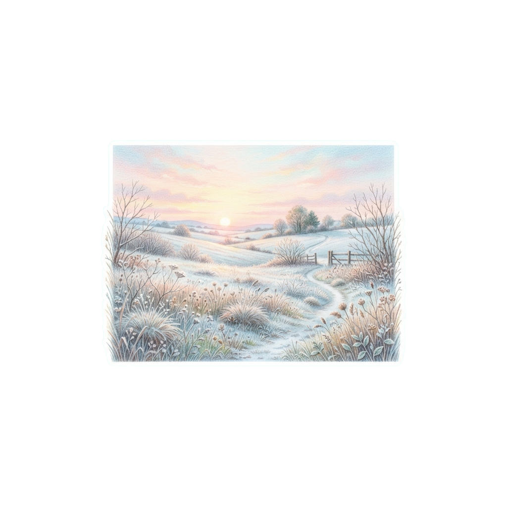 A serene winter landscape with a sunrise casting a soft glow over snow-covered fields and bare trees