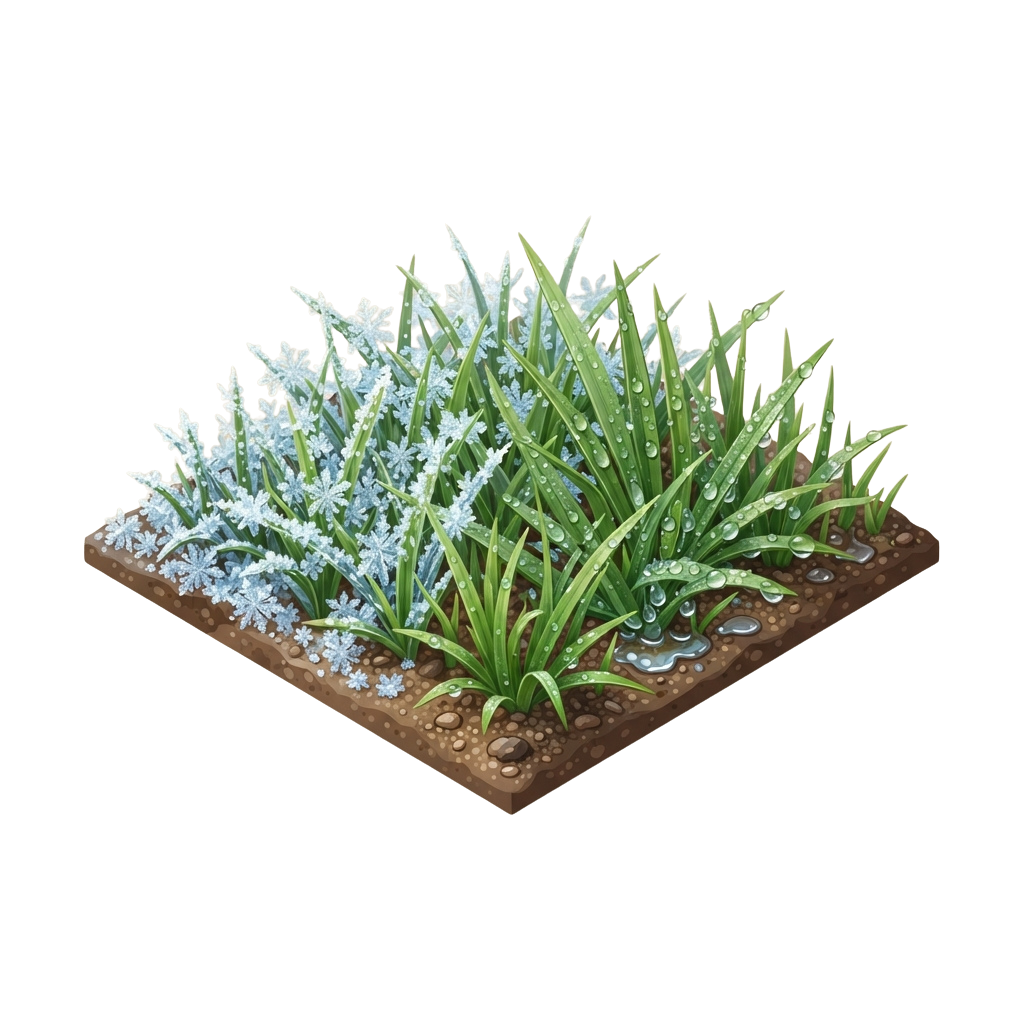 Isometric illustration of green grass with white snowflakes and water droplets on a brown soil surface