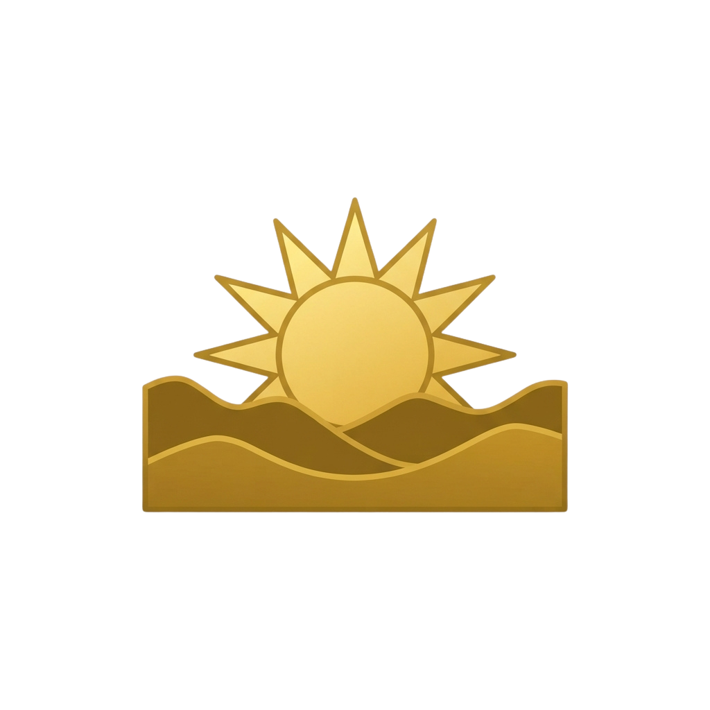 A golden sun with rays rising above wavy lines representing water and land