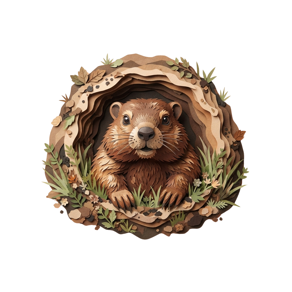 A groundhog sitting inside a burrow surrounded by leaves, flowers, and soil.