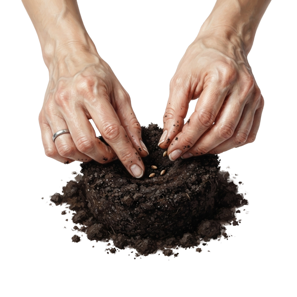Two hands planting small seeds into dark soil in a container.