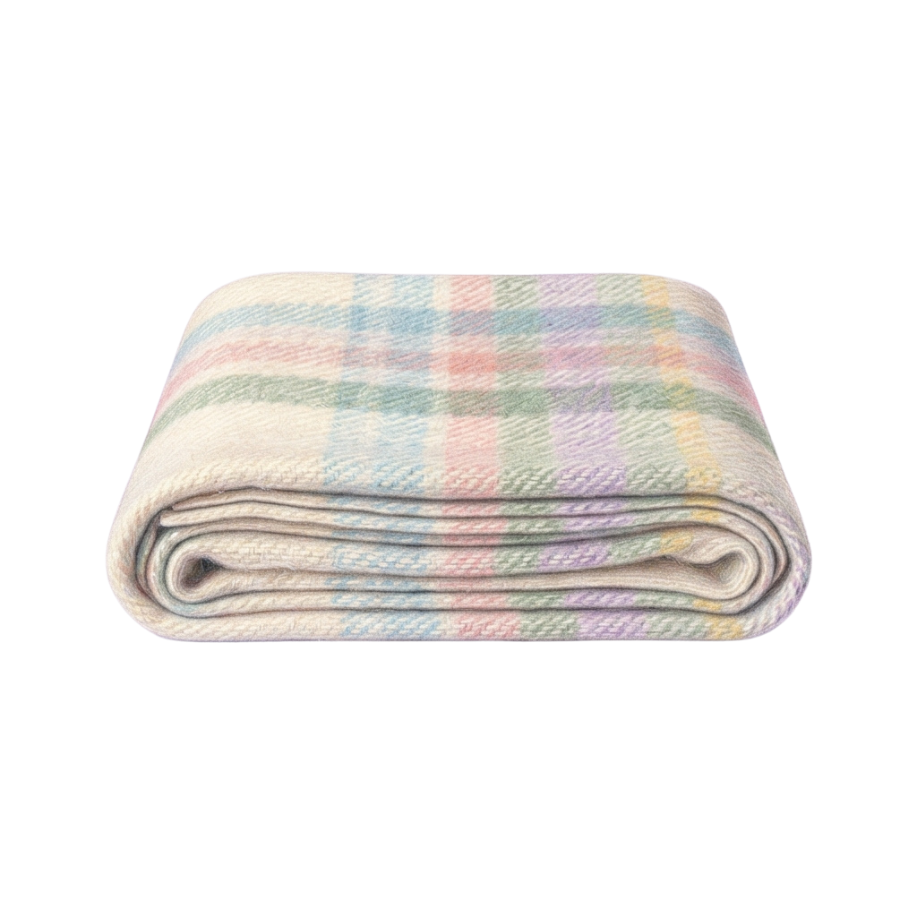 A rolled-up pastel plaid fleece throw blanket with soft colors including pink, blue, and beige
