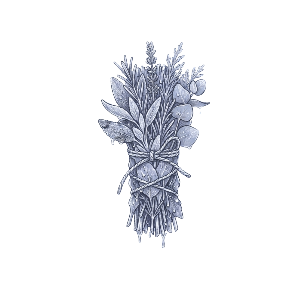 A stylized silver bundle of leaves and branches tied with twine against a black background