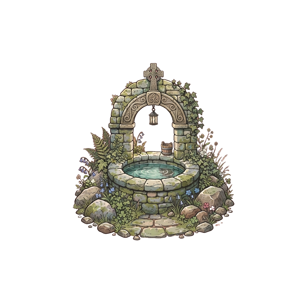 Illustration of a stone well with a Celtic cross arch, lantern, and surrounding greenery