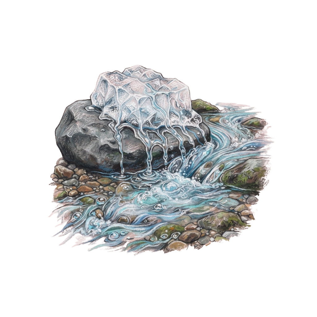 Artistic depiction of water flowing from a rocky ice formation into a stream with smooth, swirling currents and pebbles.