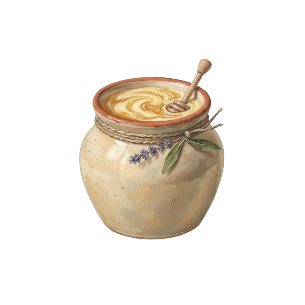 A ceramic jar filled with honey, topped with a wooden honey dipper and adorned with lavender flowers.