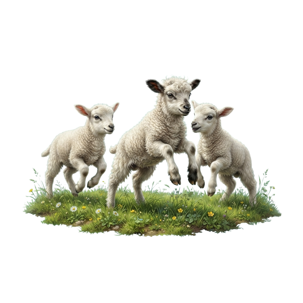 Three young lambs with curly wool standing close together on green grass with flowers