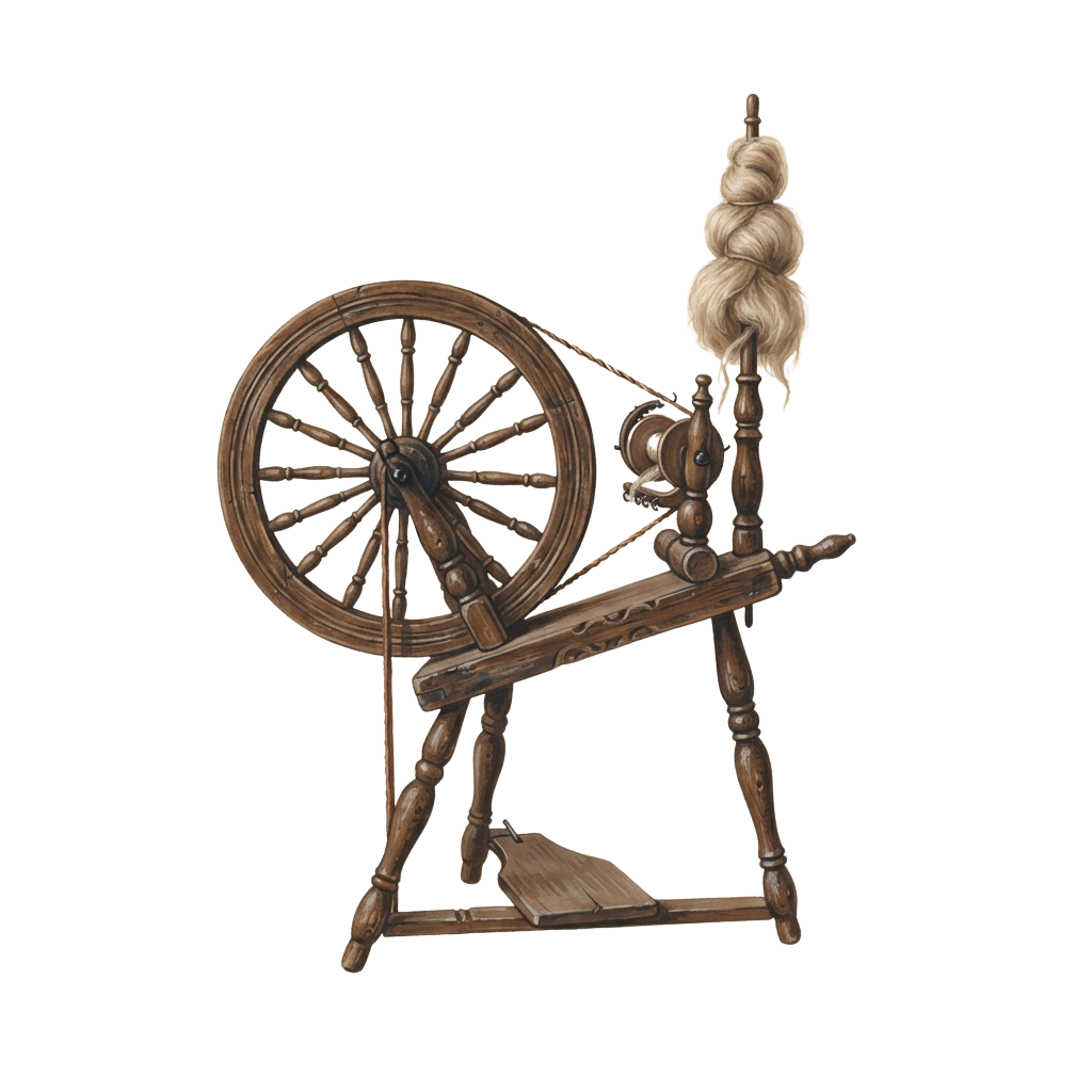A wooden spinning wheel with a large wheel and a spool of light-colored yarn attached