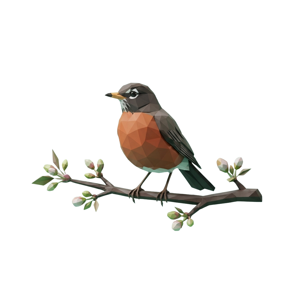 A robin perched on a branch with green leaves and buds against a black background