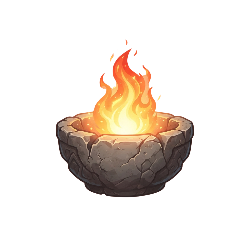 Illustration of a stone fire pit with bright orange and yellow flames