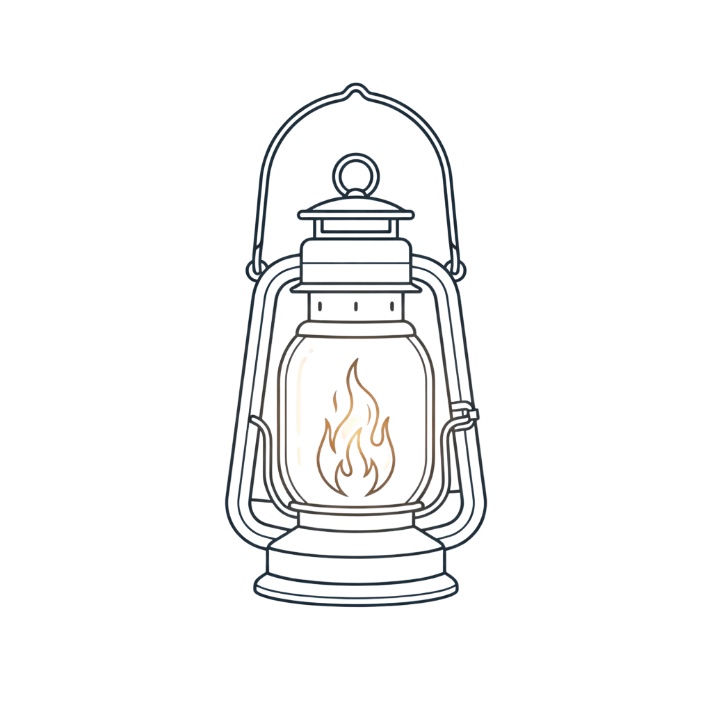 Line drawing of an oil lantern emitting a bright flame inside its glass chimney