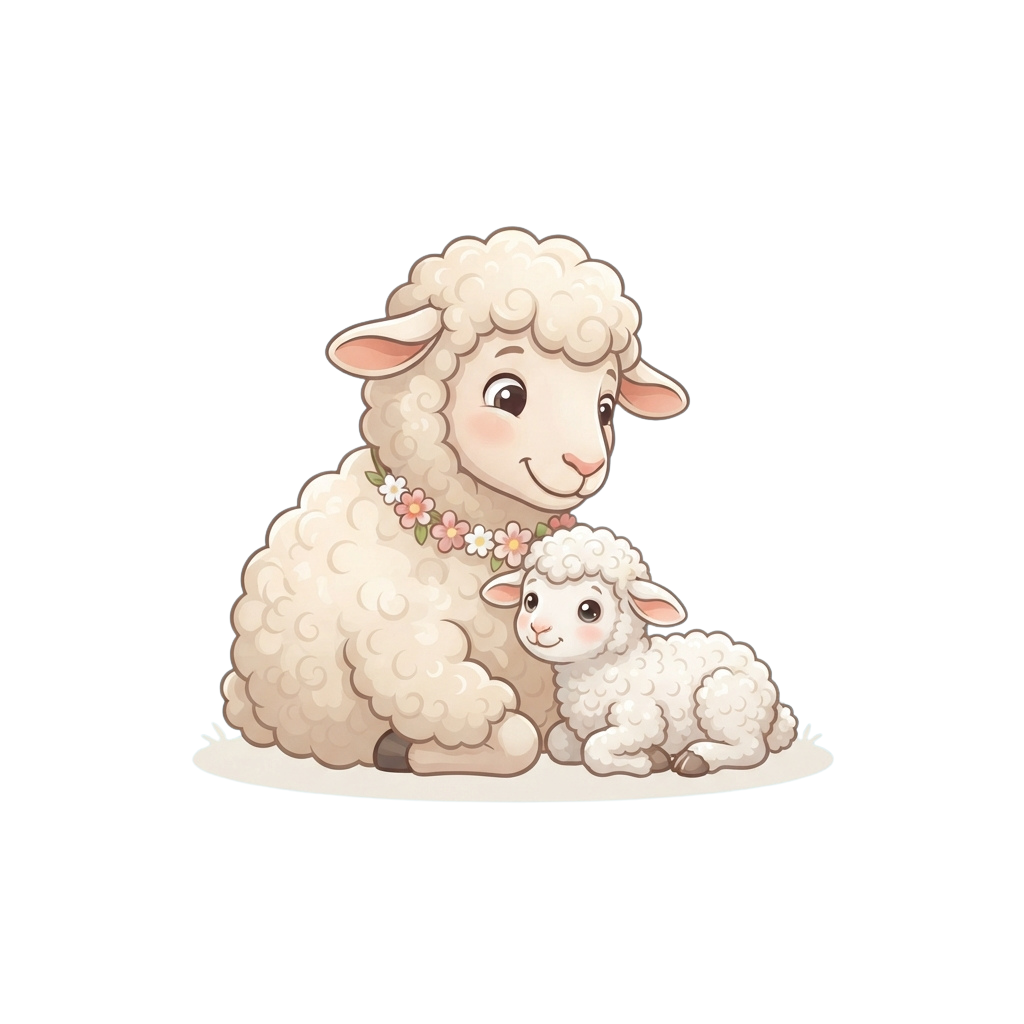 Two cartoon lambs sitting close together, one adult and one baby, with curly wool and a flower accessory on the adult
