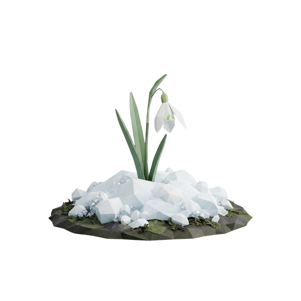 A single snowdrop flower emerging from a bed of ice and snow.
