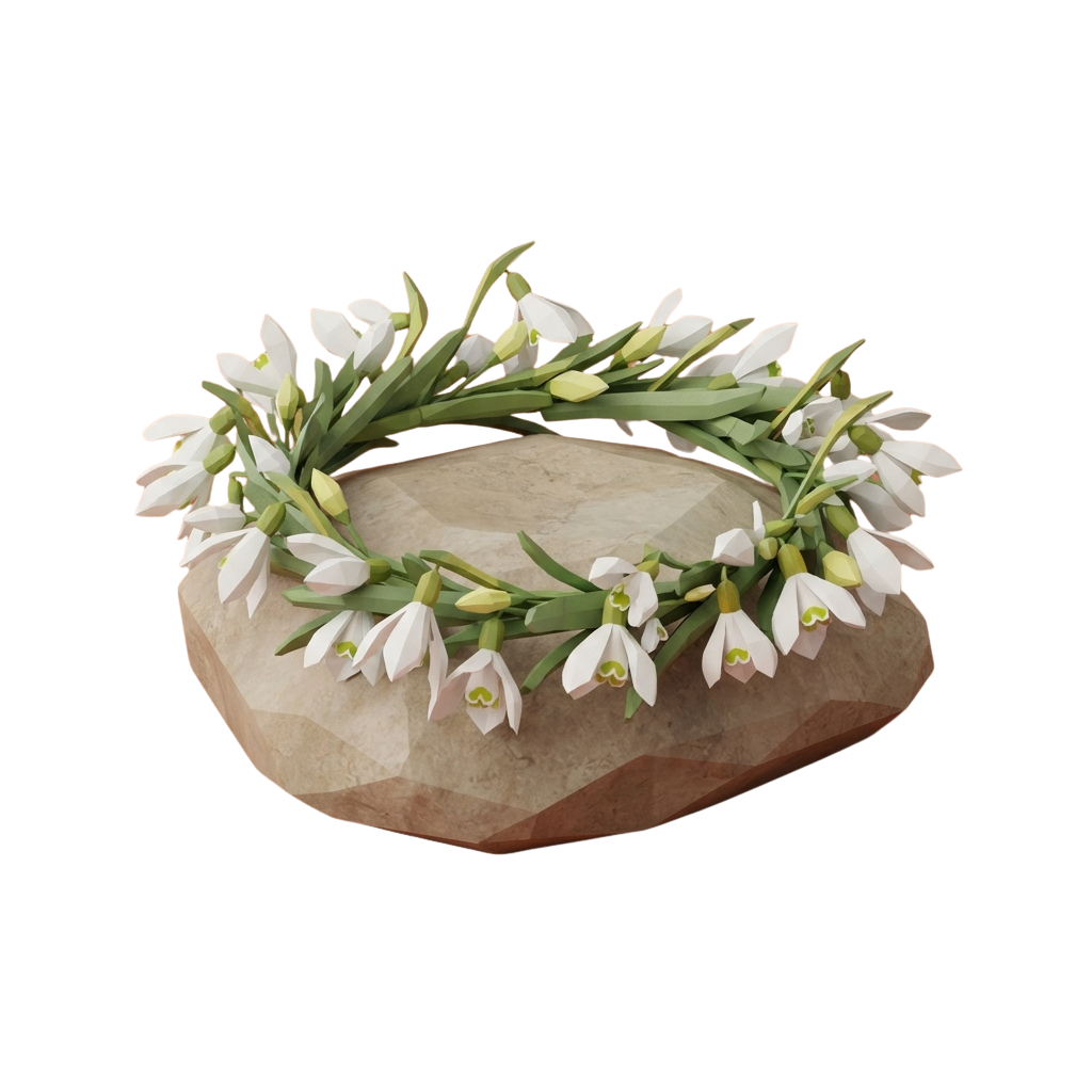 A circular wreath of white snowdrop flowers arranged on a flat, round stone base