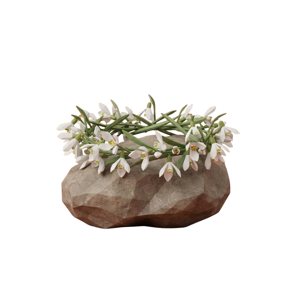 A cluster of small white flowers with green stems arranged on a rough stone surface