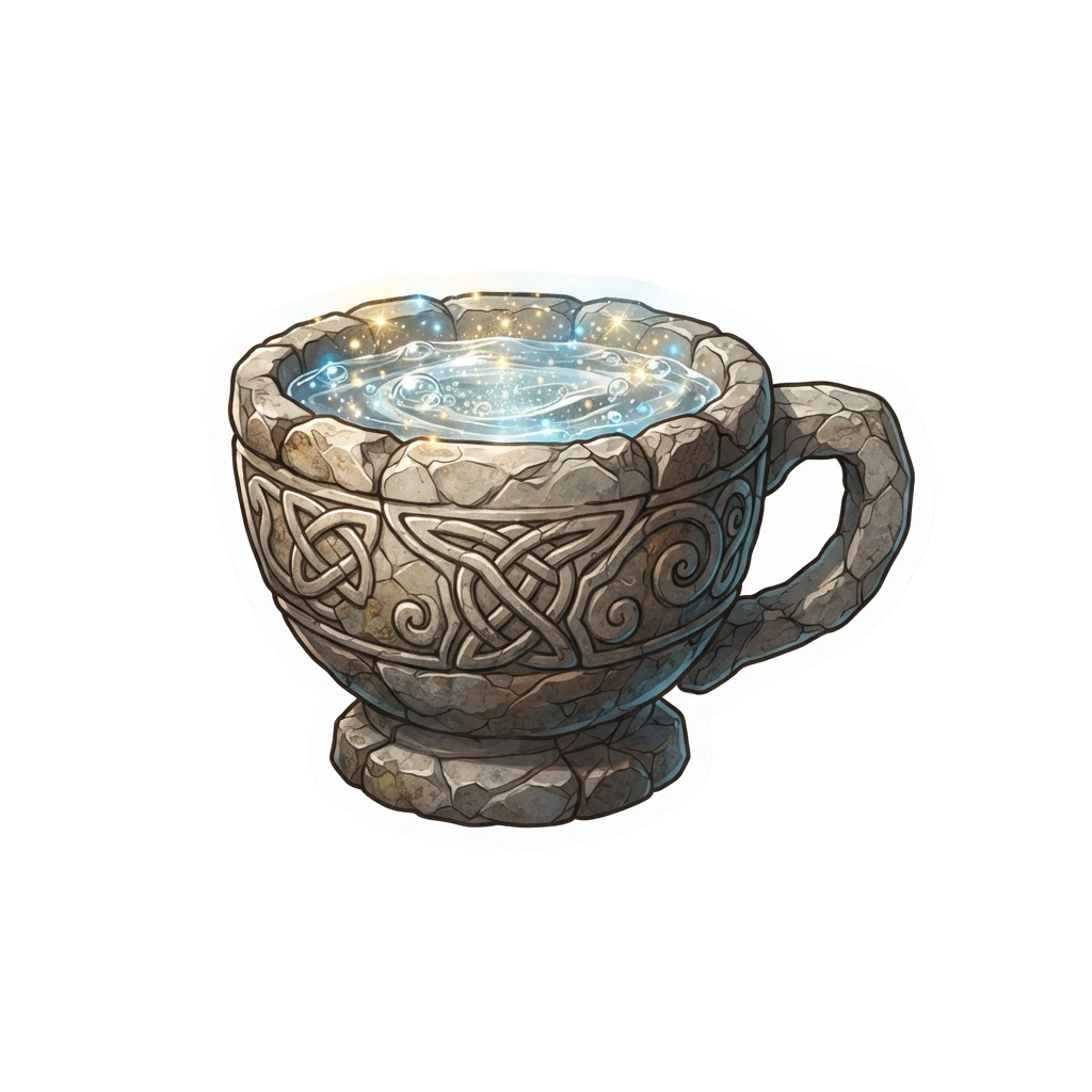 A stone mug with intricate Celtic knot patterns holding a glowing blue liquid
