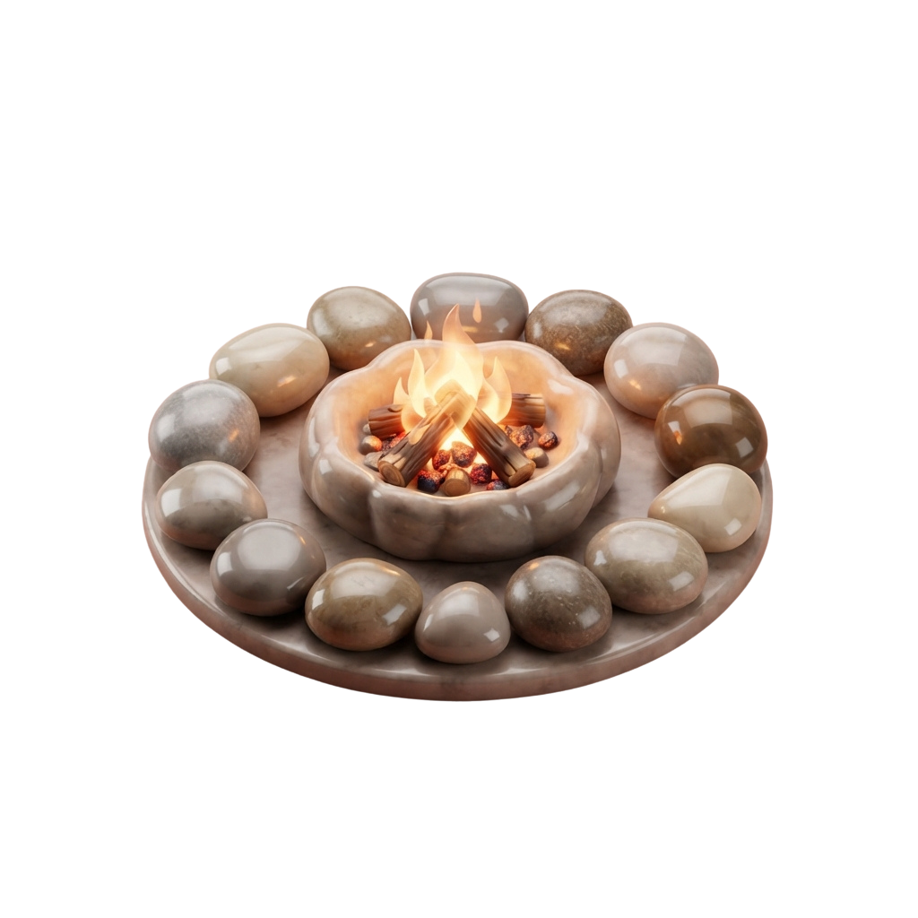A decorative fire pit surrounded by smooth, round stones with a small glowing fire inside