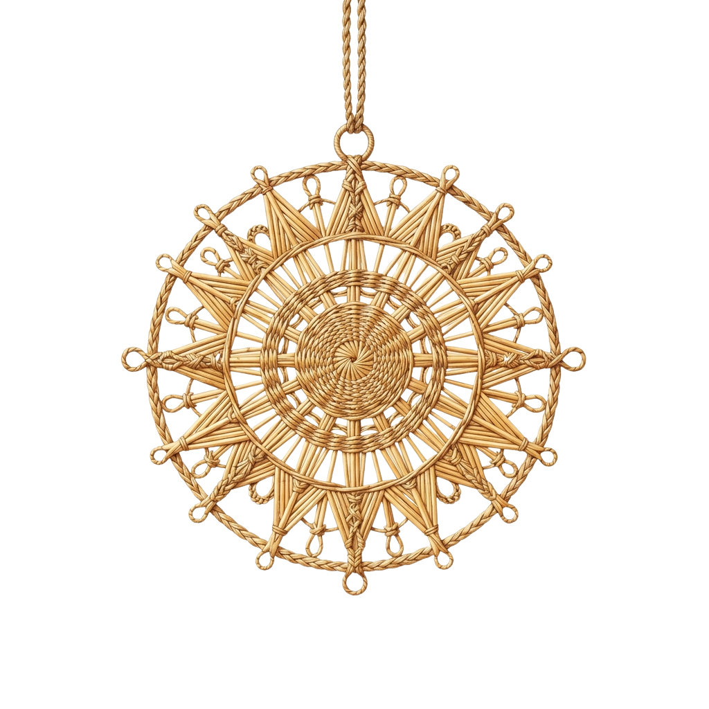 A handwoven star-shaped decoration made from natural fiber with intricate patterns and a loop at the top for hanging