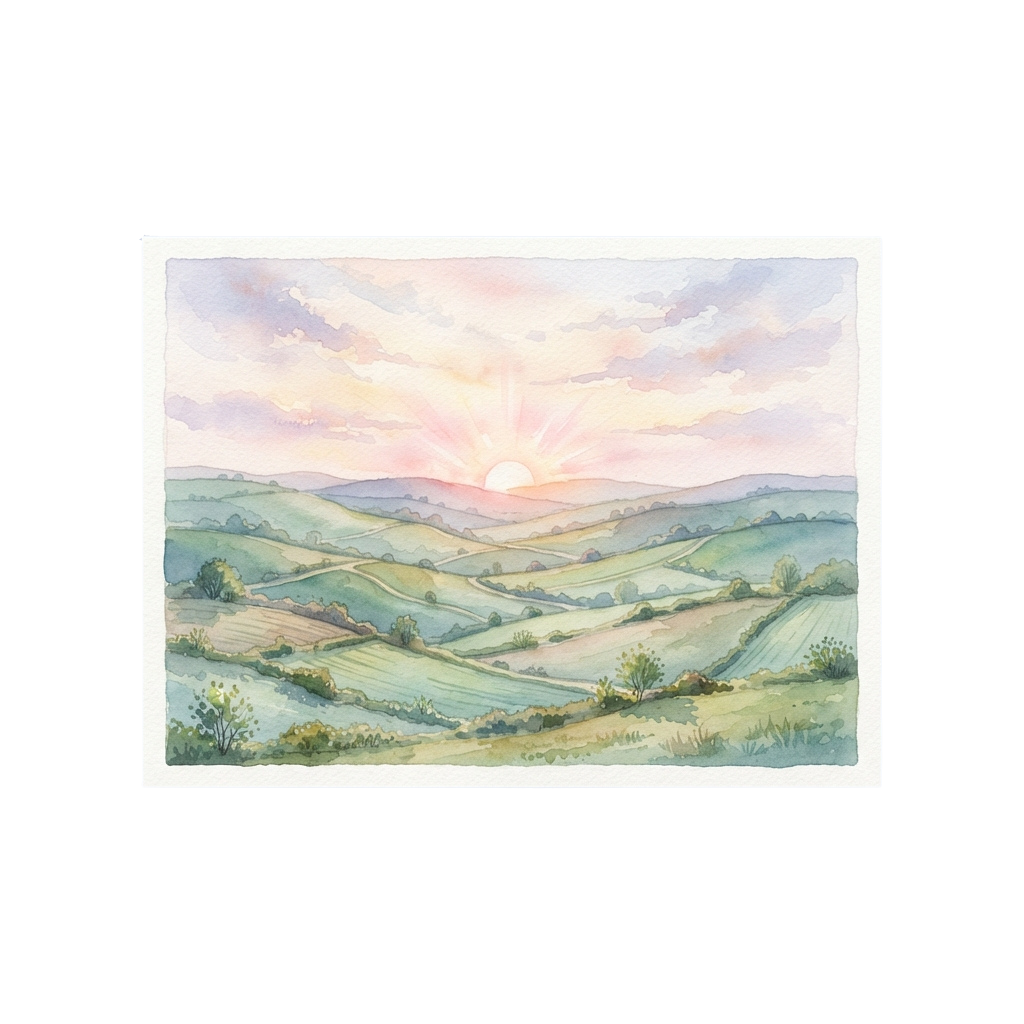 A watercolor painting of a sunset over rolling green hills with soft pastel skies and gentle terrain