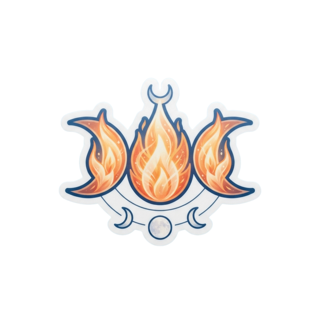 Illustration of three flames between crescent moons inside a stylized outline
