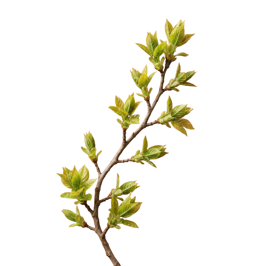 A close-up image of a slender branch with emerging green leaves against a black background