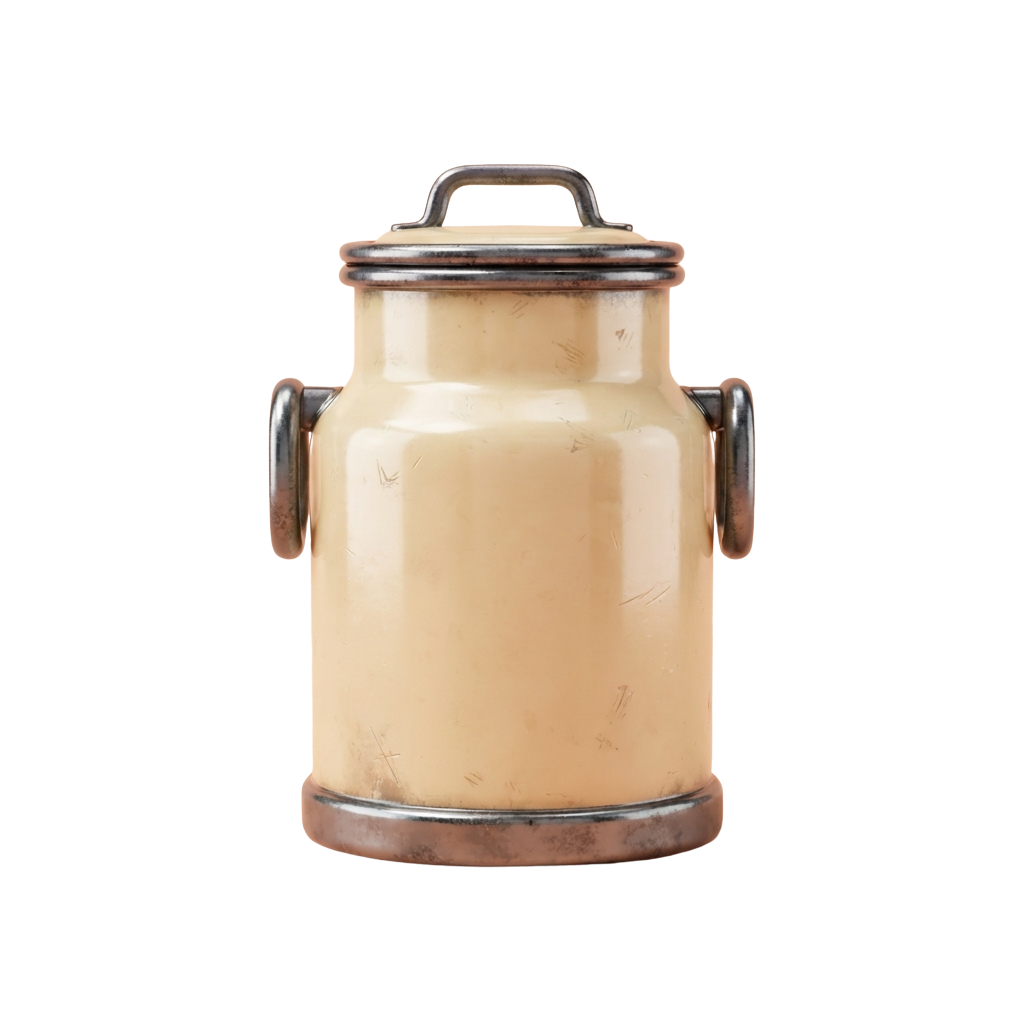 A cream-colored ceramic jug with two metal handles and a metal lid, shown against a black background