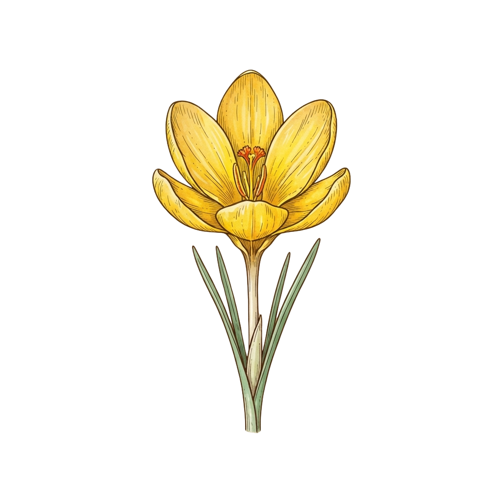 Illustration of a bright yellow crocus flower with green stems and petals against a black background