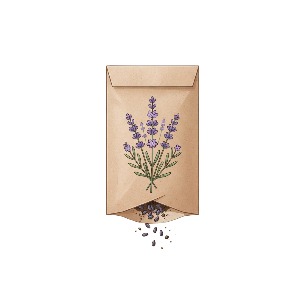 A kraft paper bag with lavender flower illustration spilling dried lavender seeds onto a dark background