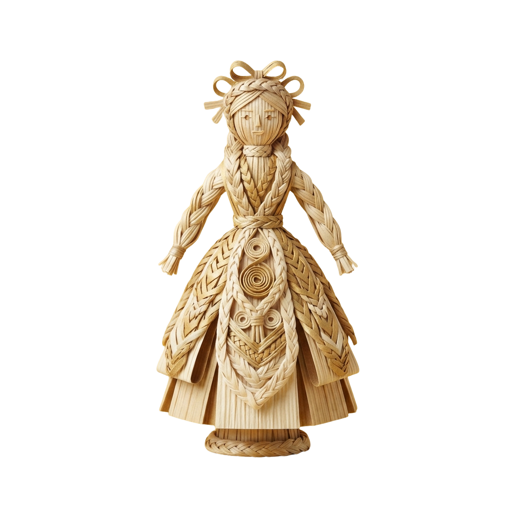 A detailed straw doll figure dressed in an elegant ballerina costume with a bow on the head.