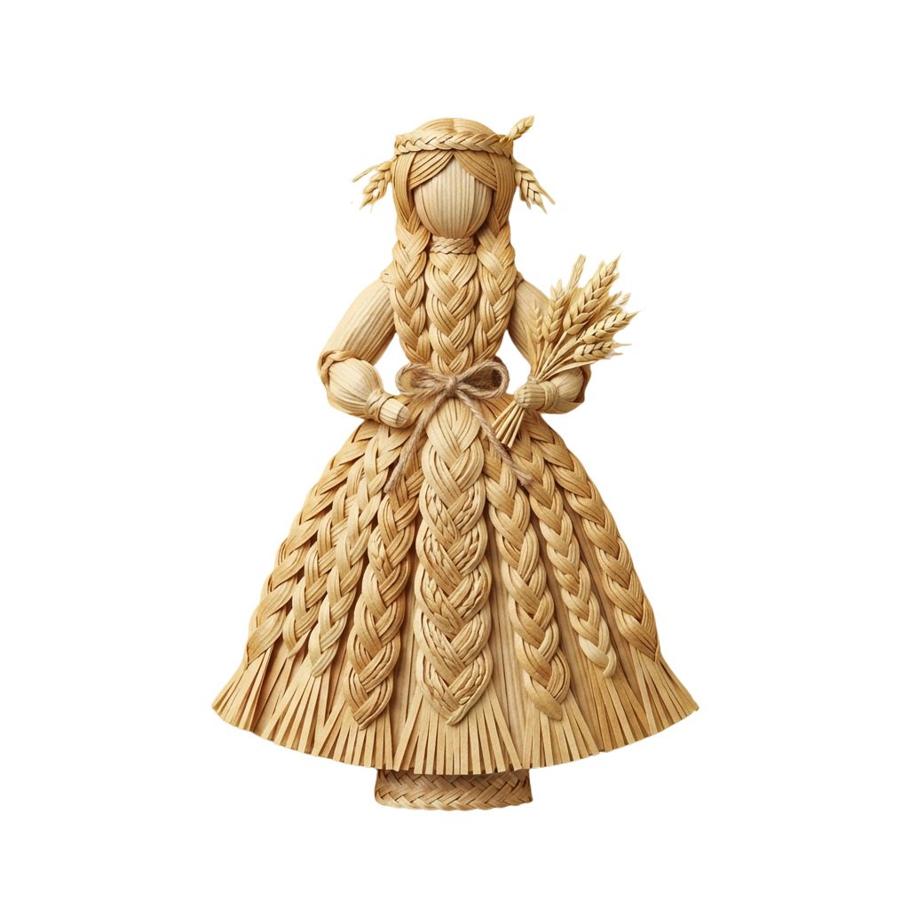 A detailed straw sculpture of a woman wearing a braided dress and holding a bundle of wheat stalks