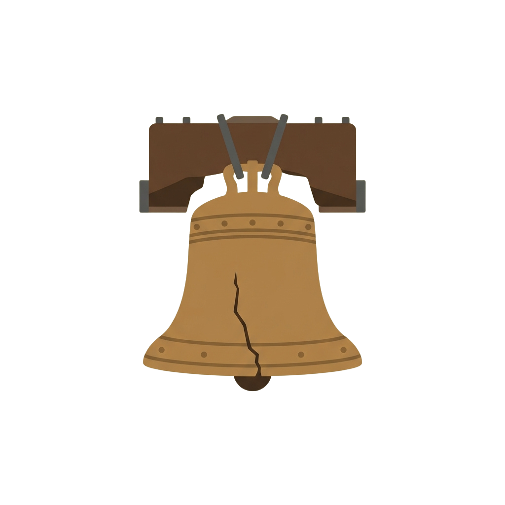 Illustration of a cracked bell hanging from a wooden frame against a dark background