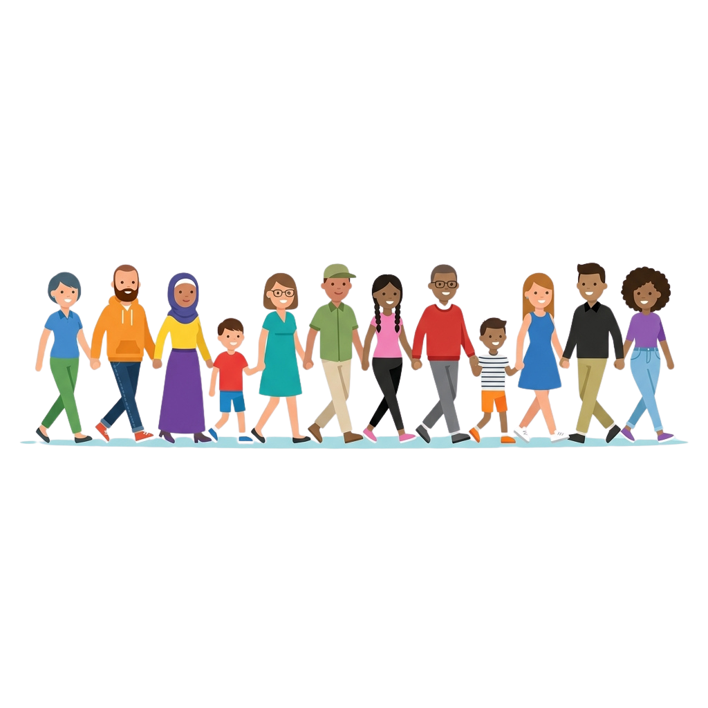 Illustration of a diverse group of people holding hands and walking together