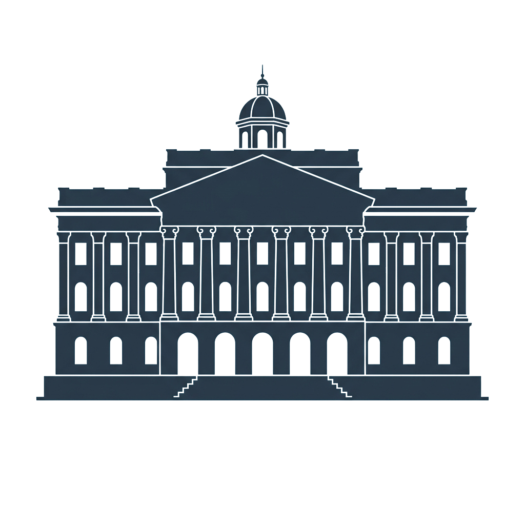 A 3D rendering of a grand neoclassical building with columns, pediment, and dome.