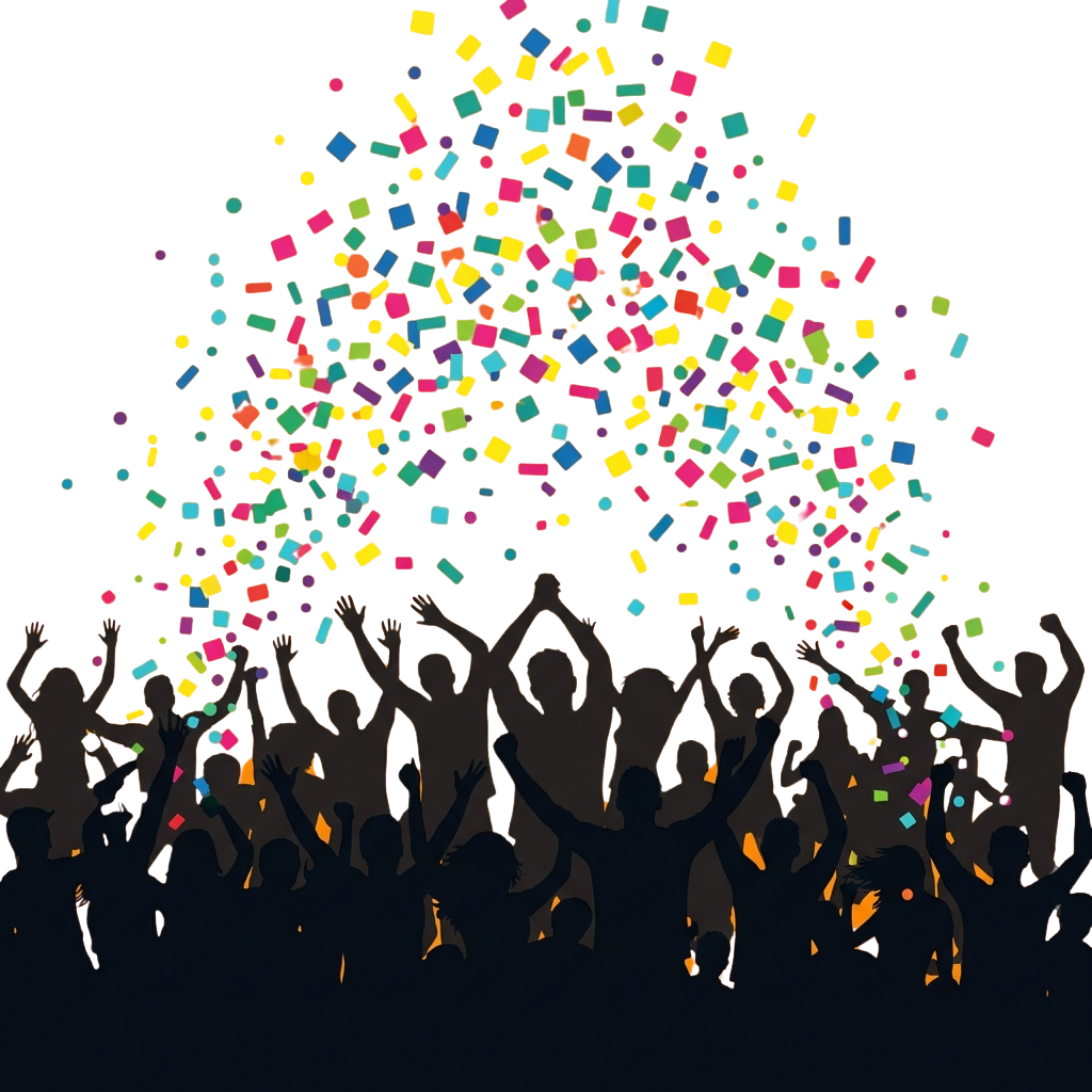 Silhouettes of people raising arms with colorful confetti falling around them
