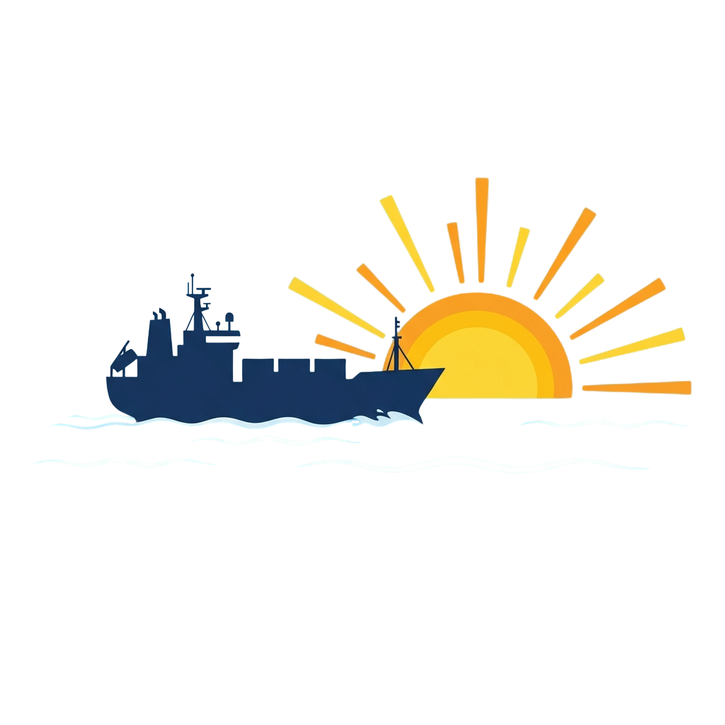 A navy ship sailing on calm waters during a sunset with a bright sun and rays in the background