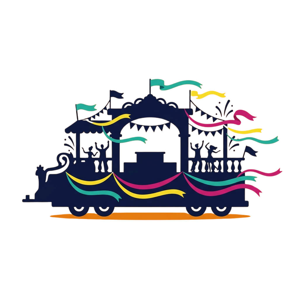 A stylized train with a dark silhouette of a building on top and bright, flowing flag designs in rainbow colors.