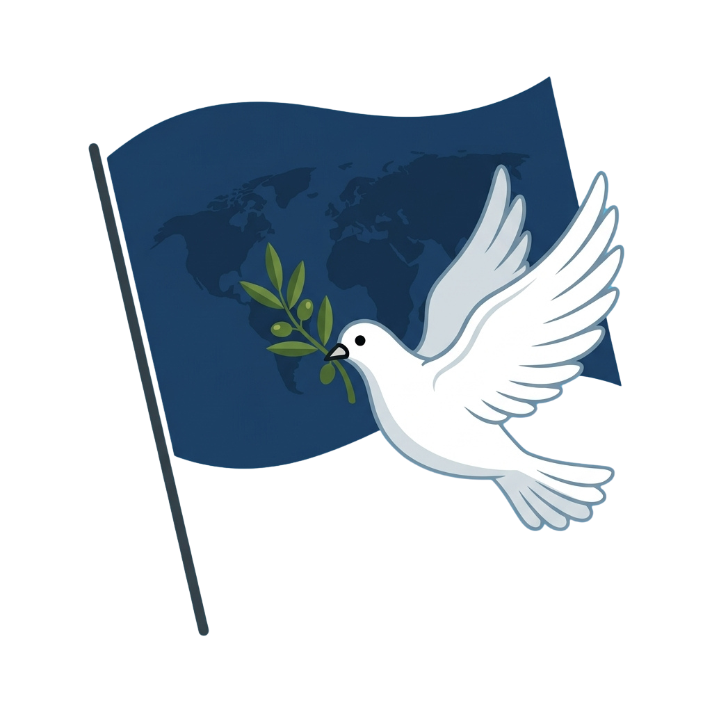 A white dove holding an olive branch in its beak, flying over a blue flag with a world map