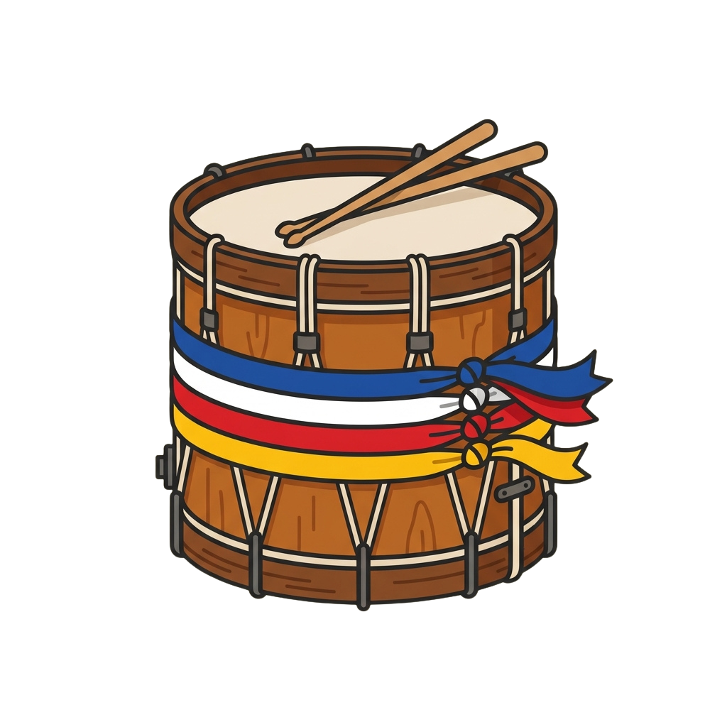 A snare drum with a colorful ribbon featuring blue, white, red, and yellow stripes and two drumsticks resting on top