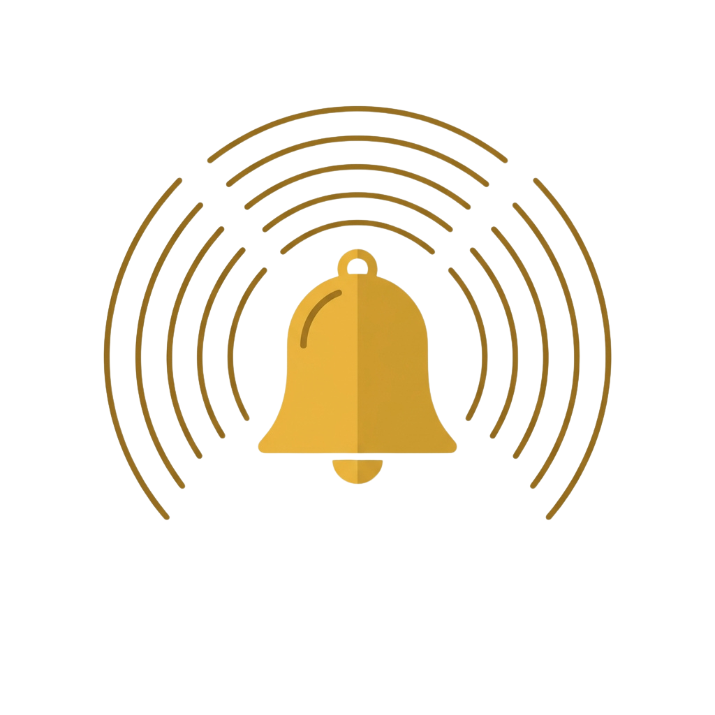 Illustration of a golden bell emitting sound waves on a black background
