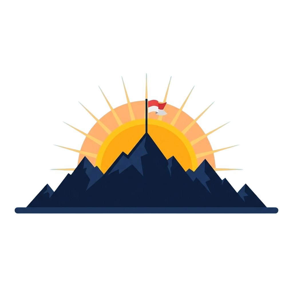 Sun rising behind a mountain silhouette with rays extending outward