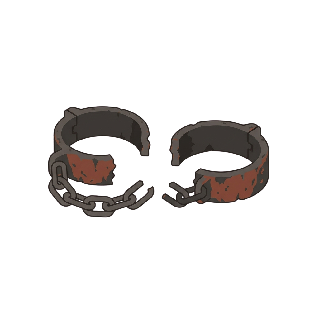 Two broken, rusty handcuffs with chained links shown against a dark background