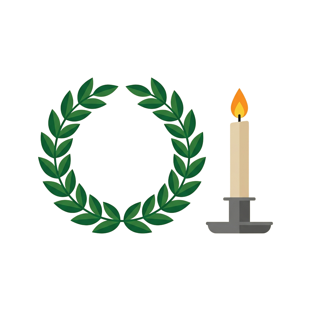 A green laurel wreath and a lit candle on a dark background
