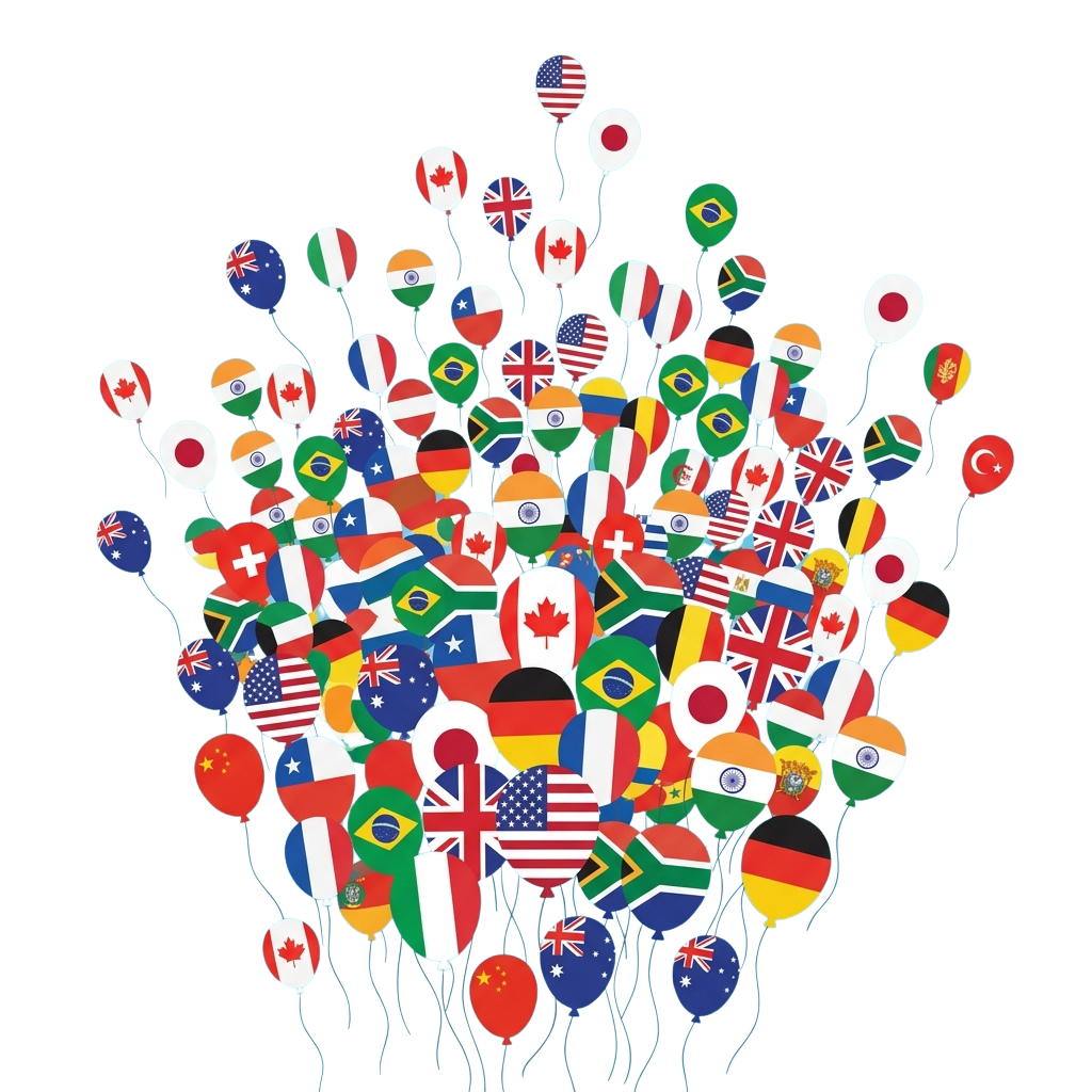 A cluster of balloons each featuring a different national flag.