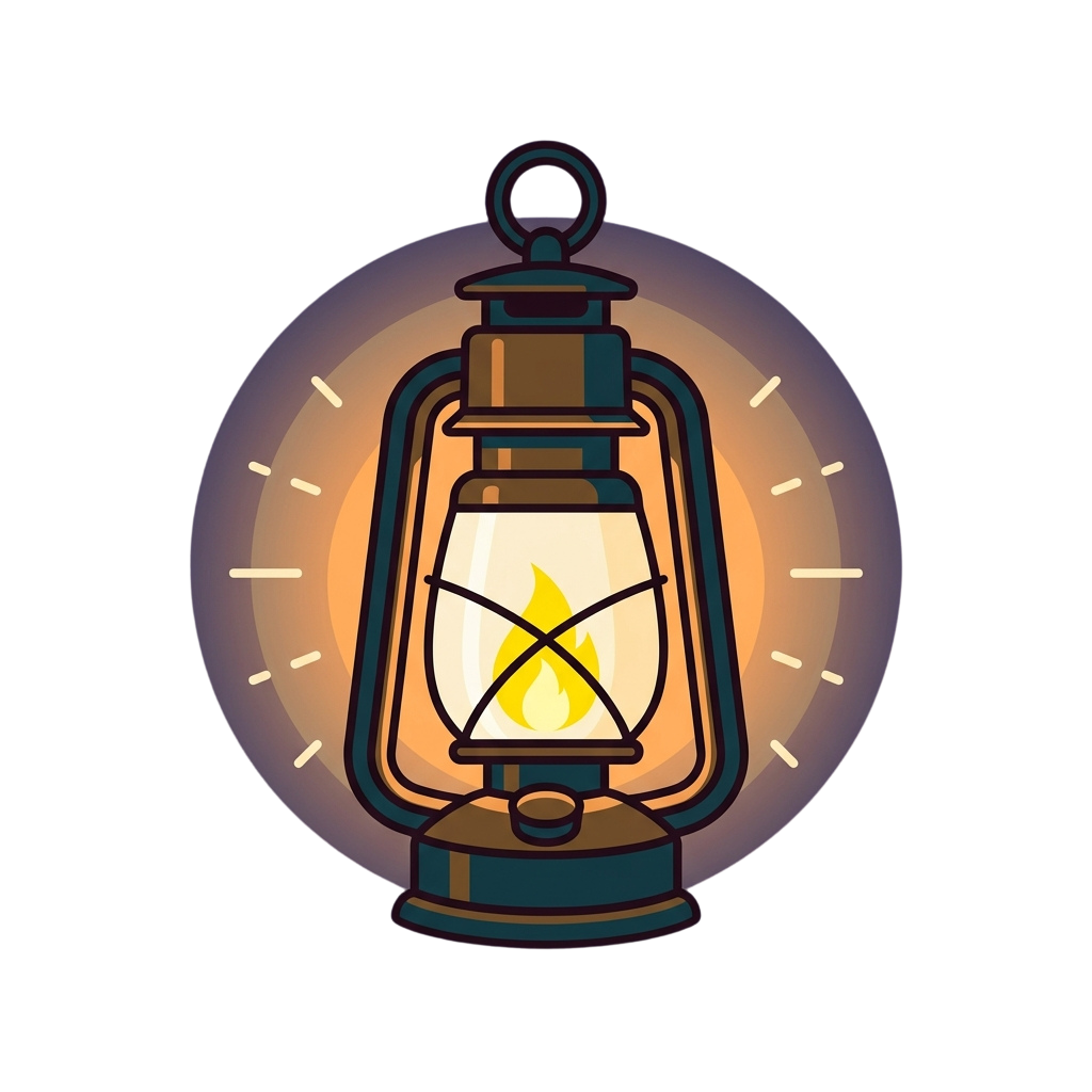 A glowing lantern with a flame inside, surrounded by clock hands showing time on a dark background