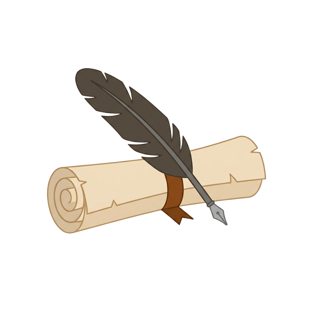 Illustration of a rolled parchment with a quill pen and feather resting on top